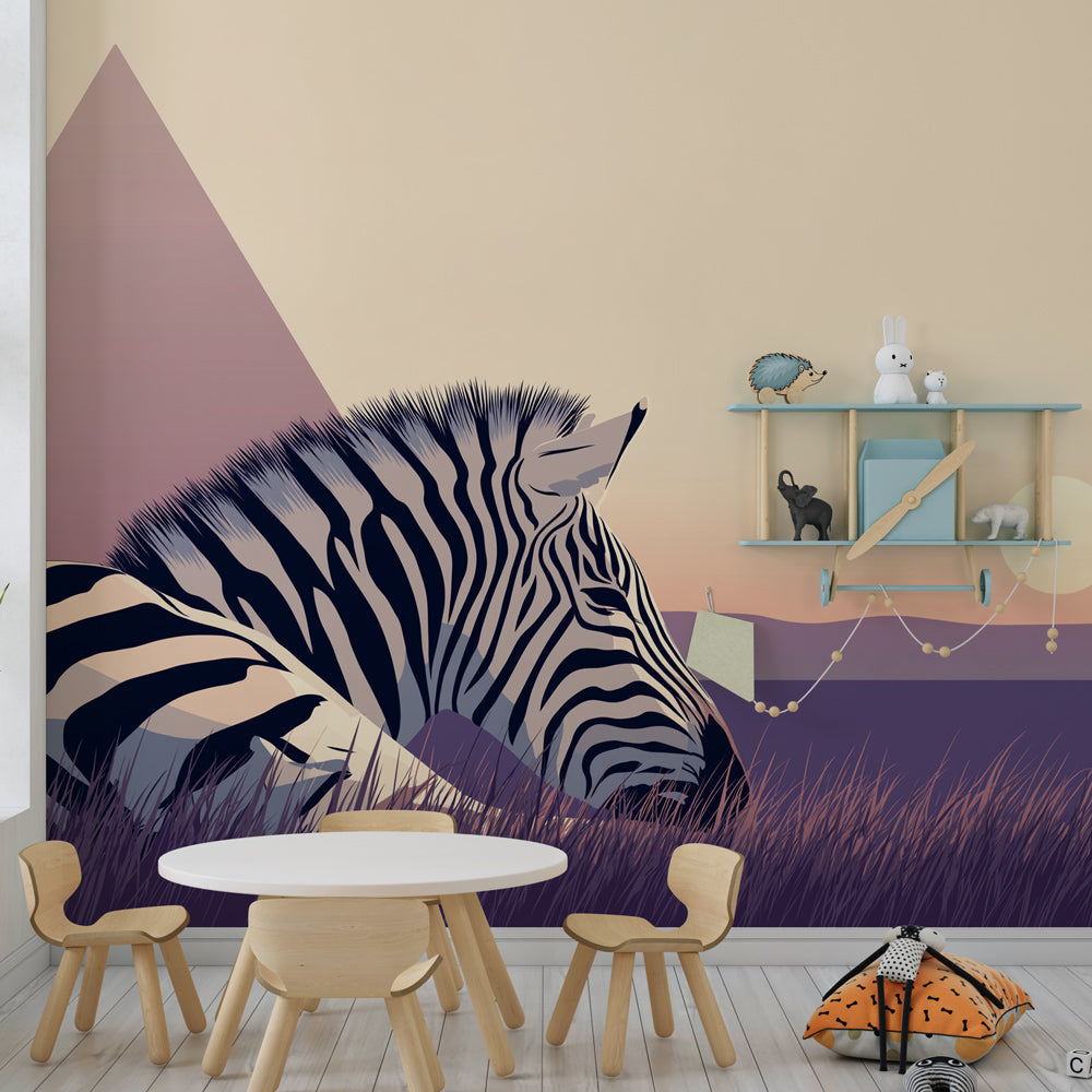 African-inspired zebra mural wallpaper in stylish kids room interior design