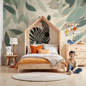 Nature-themed zebra mural wallpaper transforming kids playroom with botanical elements