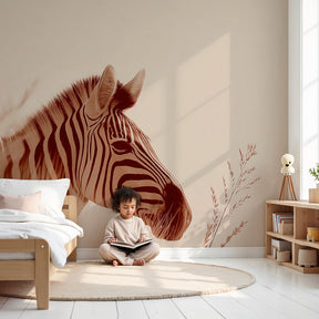 Gentle zebra mural wallpaper creating peaceful safari nursery atmosphere by Kids-Mundo