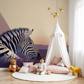 Zebra sunset mural wallpaper in modern nursery room with wooden crib by Kids-Mundo