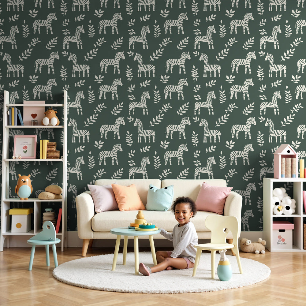 Zebra mural wallpaper with green safari design in modern nursery room by Kids-Mundo