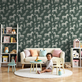 Zebra mural wallpaper with green safari design in modern nursery room by Kids-Mundo