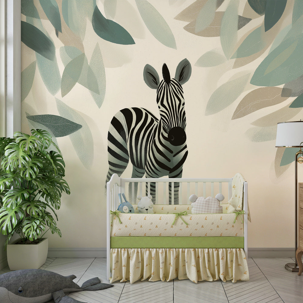 Zebra mural wallpaper with lush foliage decorating modern nursery room by Kids-Mundo