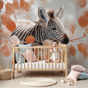 Little zebra mural wallpaper creating peaceful safari nursery decor with botanical leaves by Kids-Mundo
