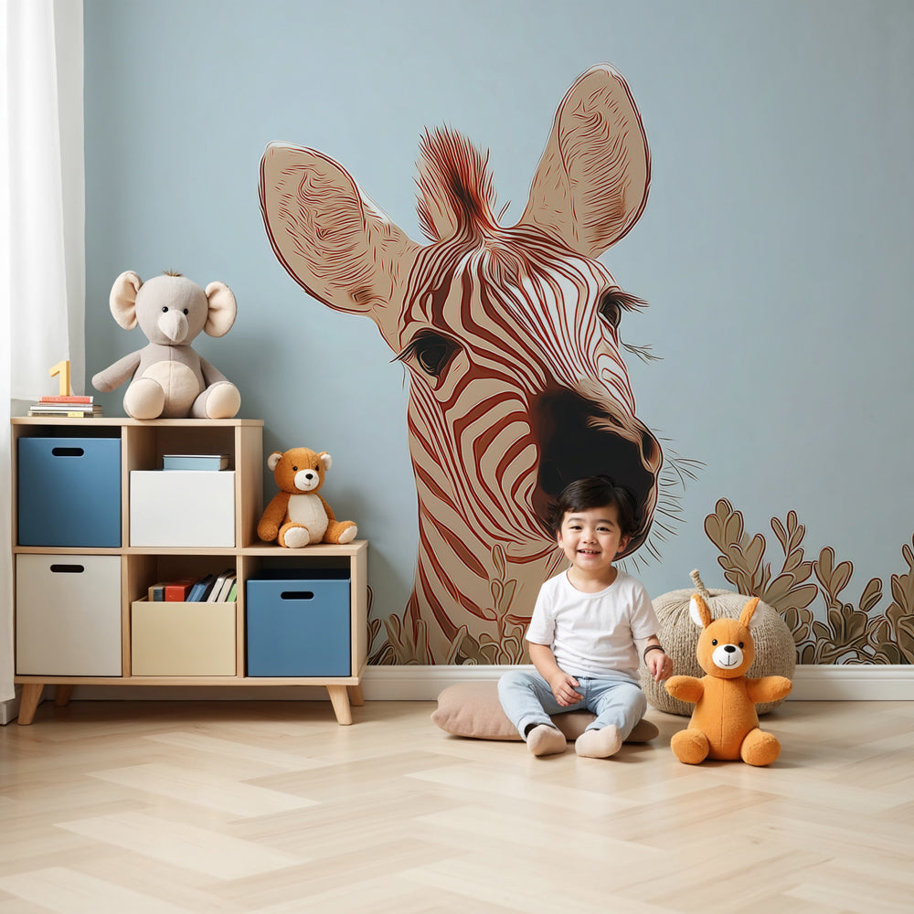 Zebra mural wallpaper with playful stripes decorating modern nursery by Kids-Mundo