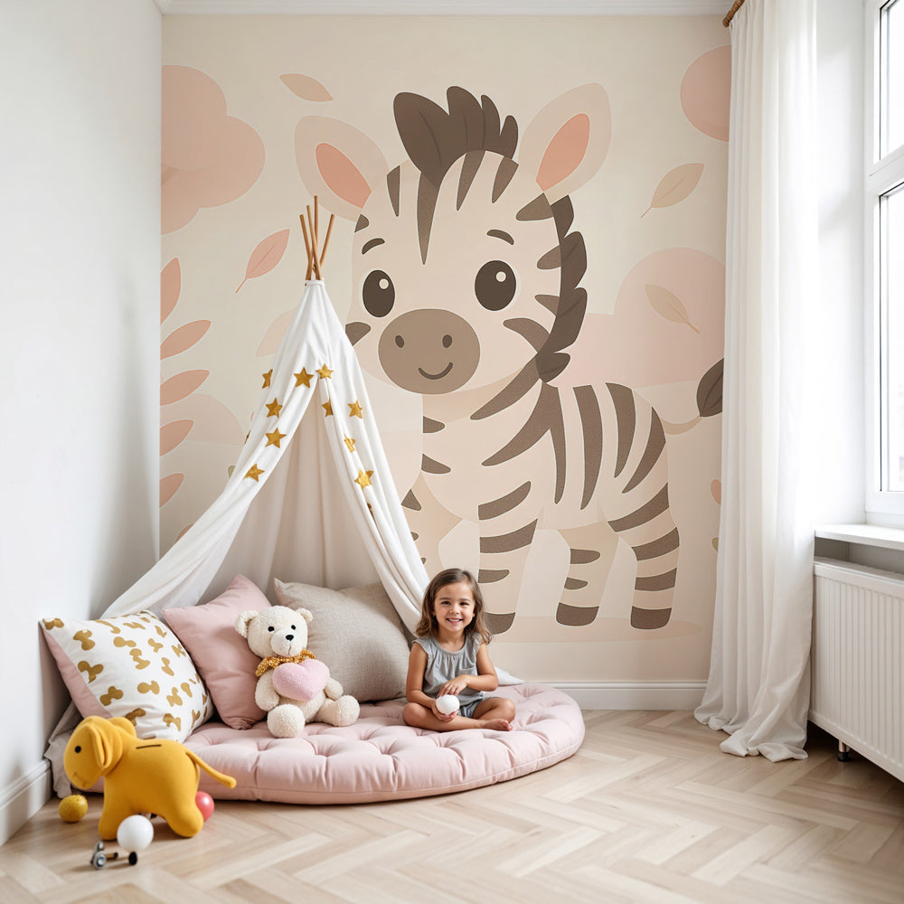 Zebra mural wallpaper creating magical pastel safari nursery decor by Kids-Mundo