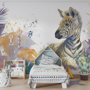 Safari zebra mural wallpaper transforming children's playroom into African adventure space