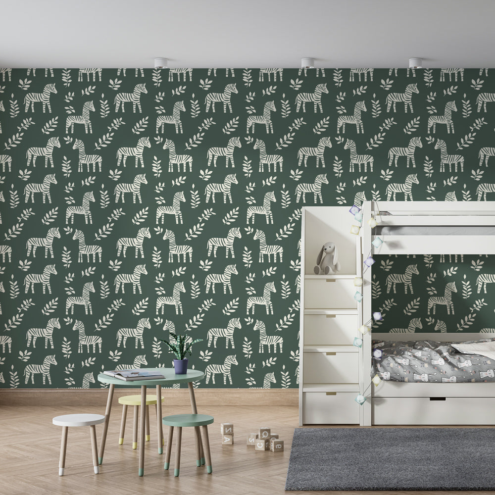 Safari zebra mural wallpaper transforming playroom into nature-inspired adventure space