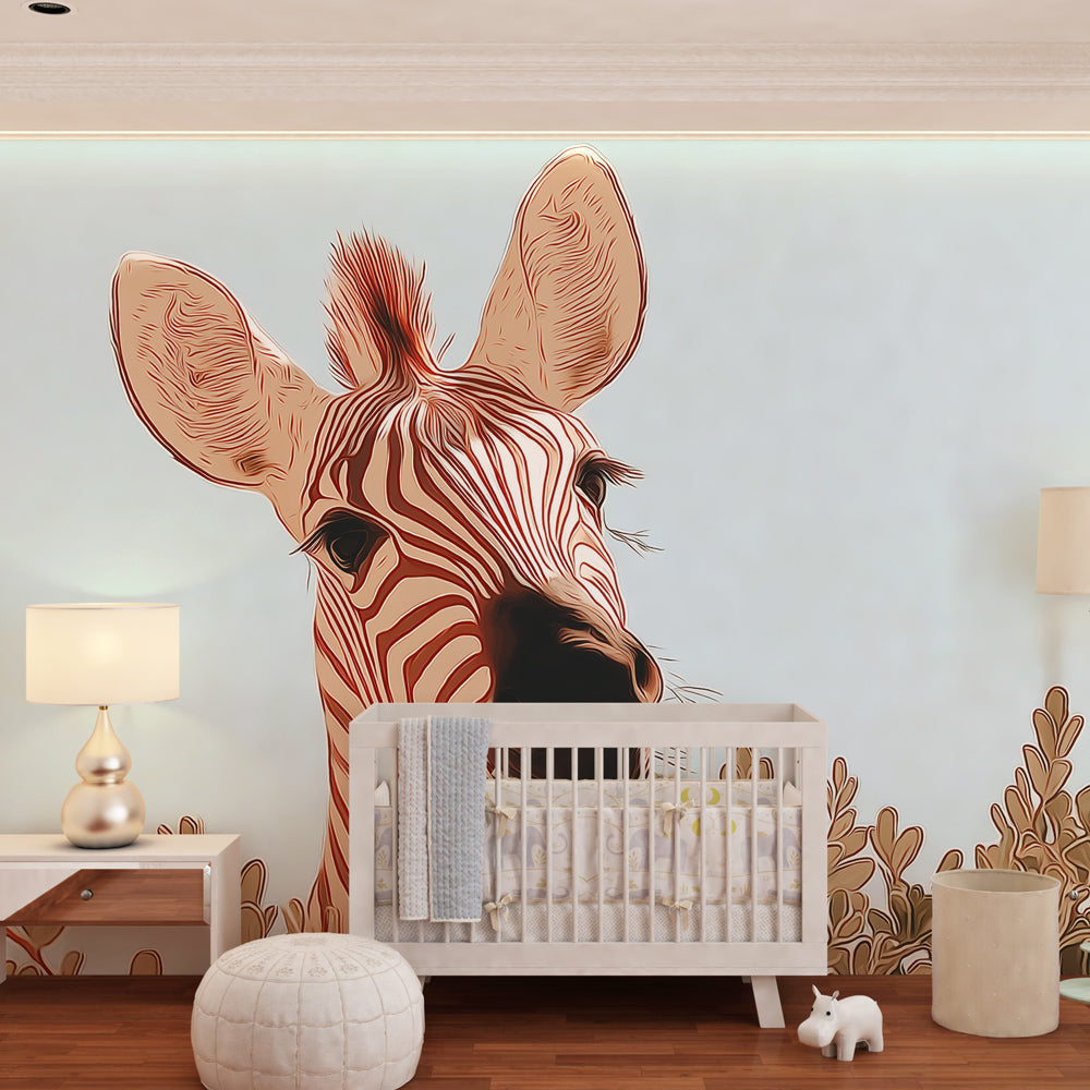 Animal-themed zebra mural wallpaper transforming playroom into safari adventure space