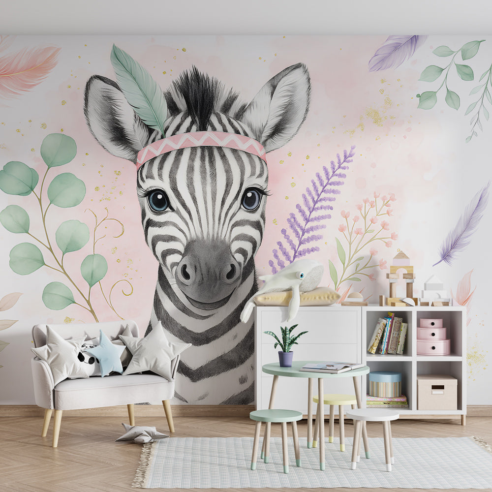 Adorable zebra wallpaper with floral elements transforming kids playroom by Kids-Mundo