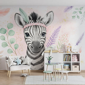 Adorable zebra wallpaper with floral elements transforming kids playroom by Kids-Mundo