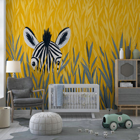 Safari zebra mural wallpaper transforming children's playroom with nature-themed wall decor
