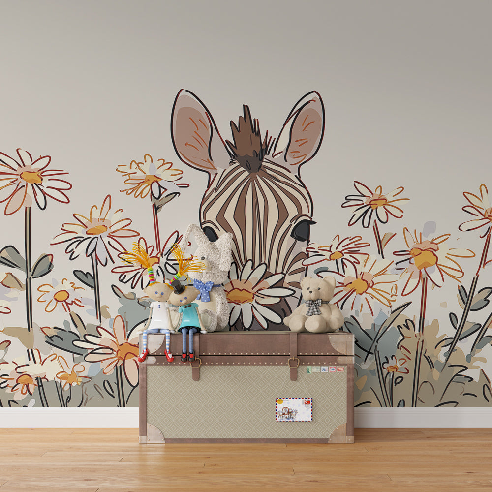 Nature-inspired zebra wallpaper transforming kids playroom into enchanting space