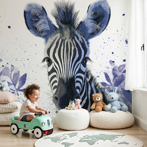 Zebra mural wallpaper creating safari-themed nursery with soft blue tones by Kids-Mundo