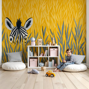 Zebra mural wallpaper creating safari-themed nursery decor with golden grass patterns by Kids-Mundo