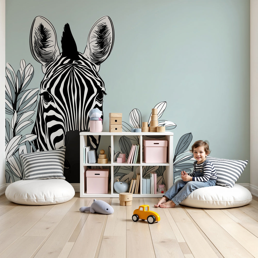 Zebra mural wallpaper creating elegant safari nursery decor with botanical elements by Kids-Mundo