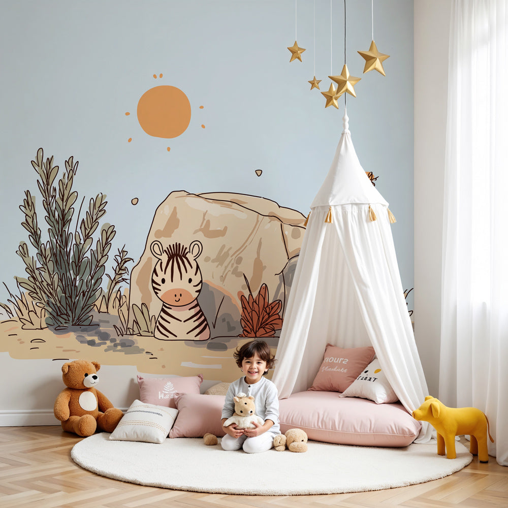 Little zebra and sunshine mural wallpaper creating peaceful children's bedroom decor