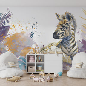Colorful zebra safari wallpaper creating magical kids bedroom atmosphere with tropical leaves