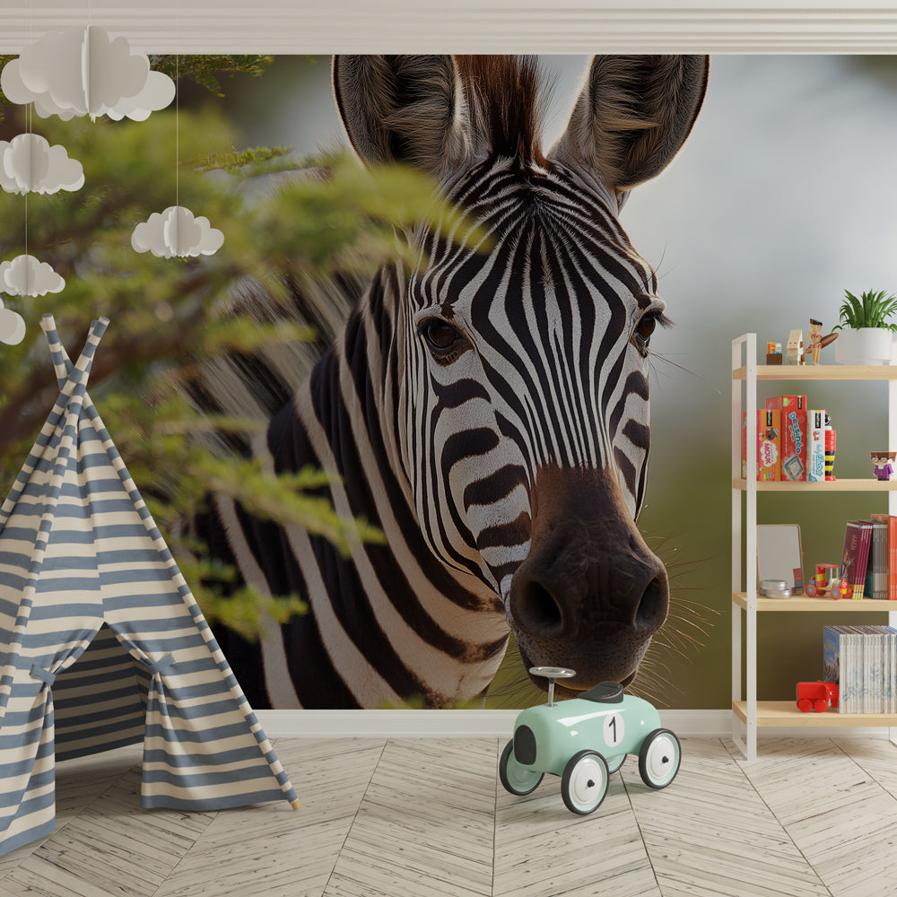 Wild zebra wallpaper transforming kids bedroom into safari adventure space with natural decor