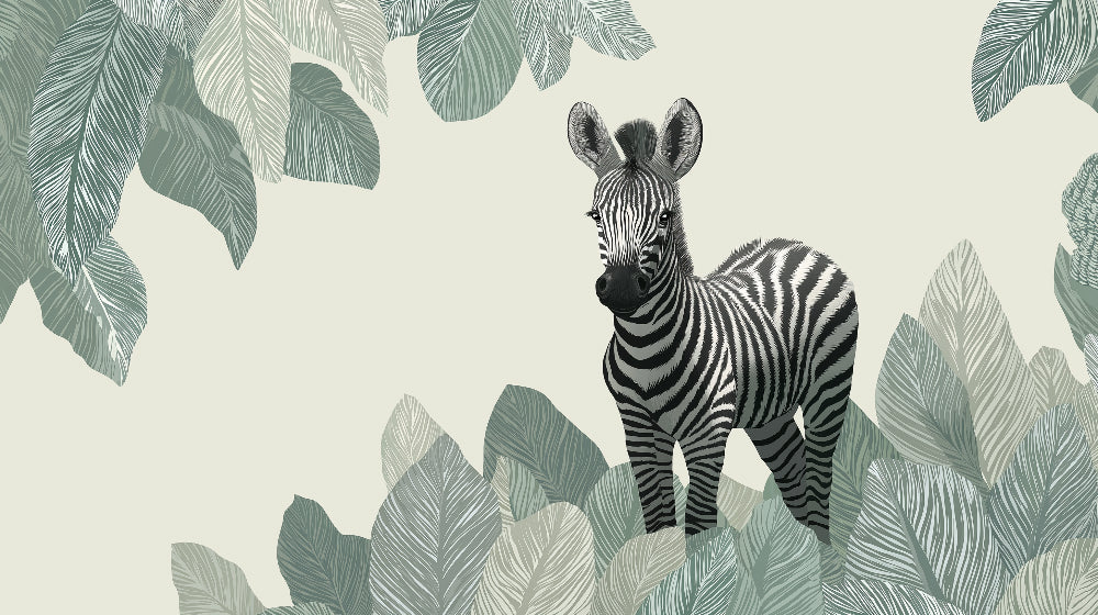 Detailed zebra among green foliage mural wallpaper design pattern by Kids-Mundo