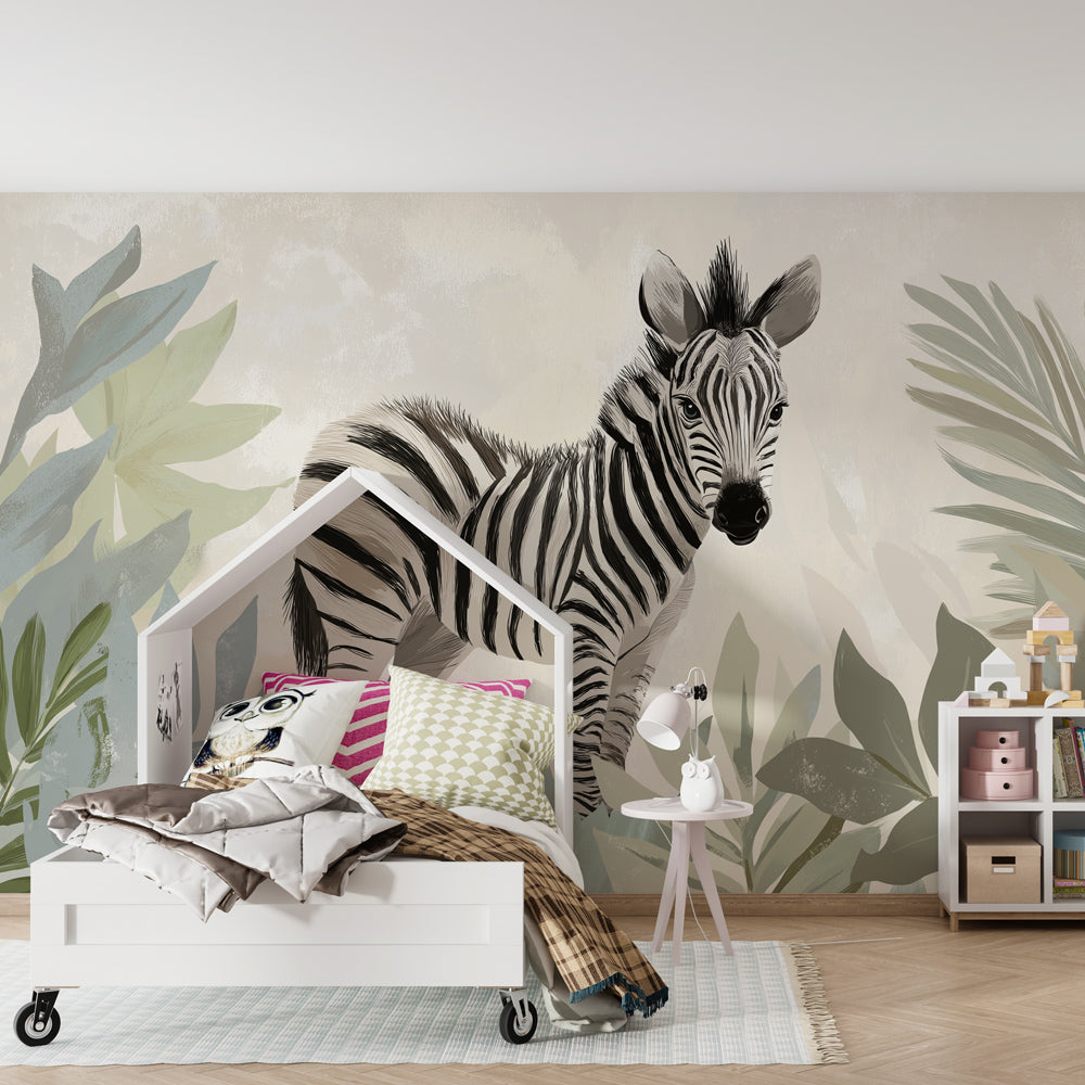 Safari themed mural wallpaper with zebra and tropical leaves in modern children's bedroom by Kids-Mundo