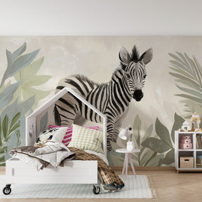 Safari themed mural wallpaper with zebra and tropical leaves in modern children's bedroom by Kids-Mundo