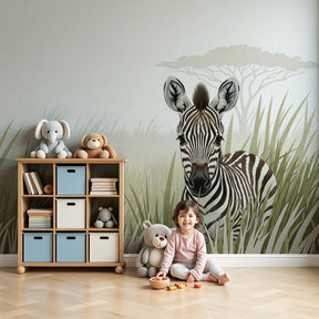 Zebra safari mural wallpaper decorating modern nursery with natural wood crib by Kids-Mundo