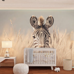 Safari themed zebra wallpaper transforming kids playroom with warm golden tones