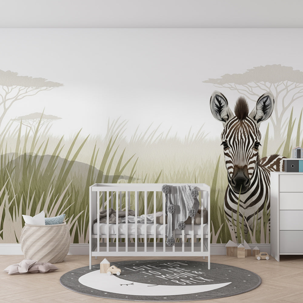 Young zebra mural wallpaper transforming playroom into African savanna adventure space