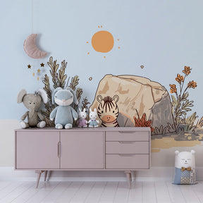 Safari themed mural wallpaper with smiling sun perfect for kids playroom by Kids-Mundo