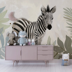 Tropical zebra wallpaper transforming kids playroom with safari adventure theme by Kids-Mundo