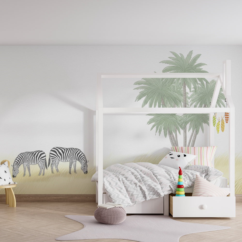African zebra wallpaper transforming playroom into peaceful savanna landscape for kids