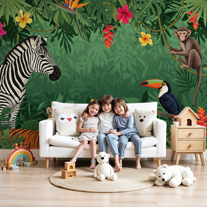 Kids-Mundo zebra, tiger and toucan jungle wall mural styled above a cot in a nursery.