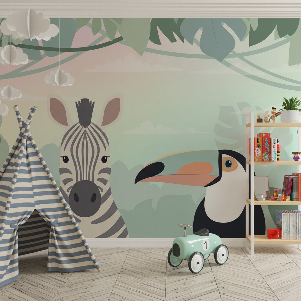 Safari themed mural wallpaper creating tropical jungle atmosphere in children's bedroom