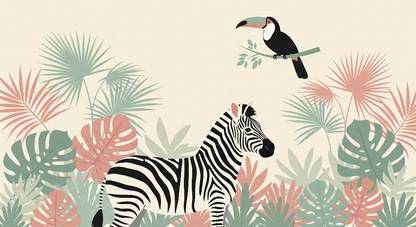 Kids-Mundo flat artwork of the zebra and toucan tropical wall mural design in blush and sage tones.