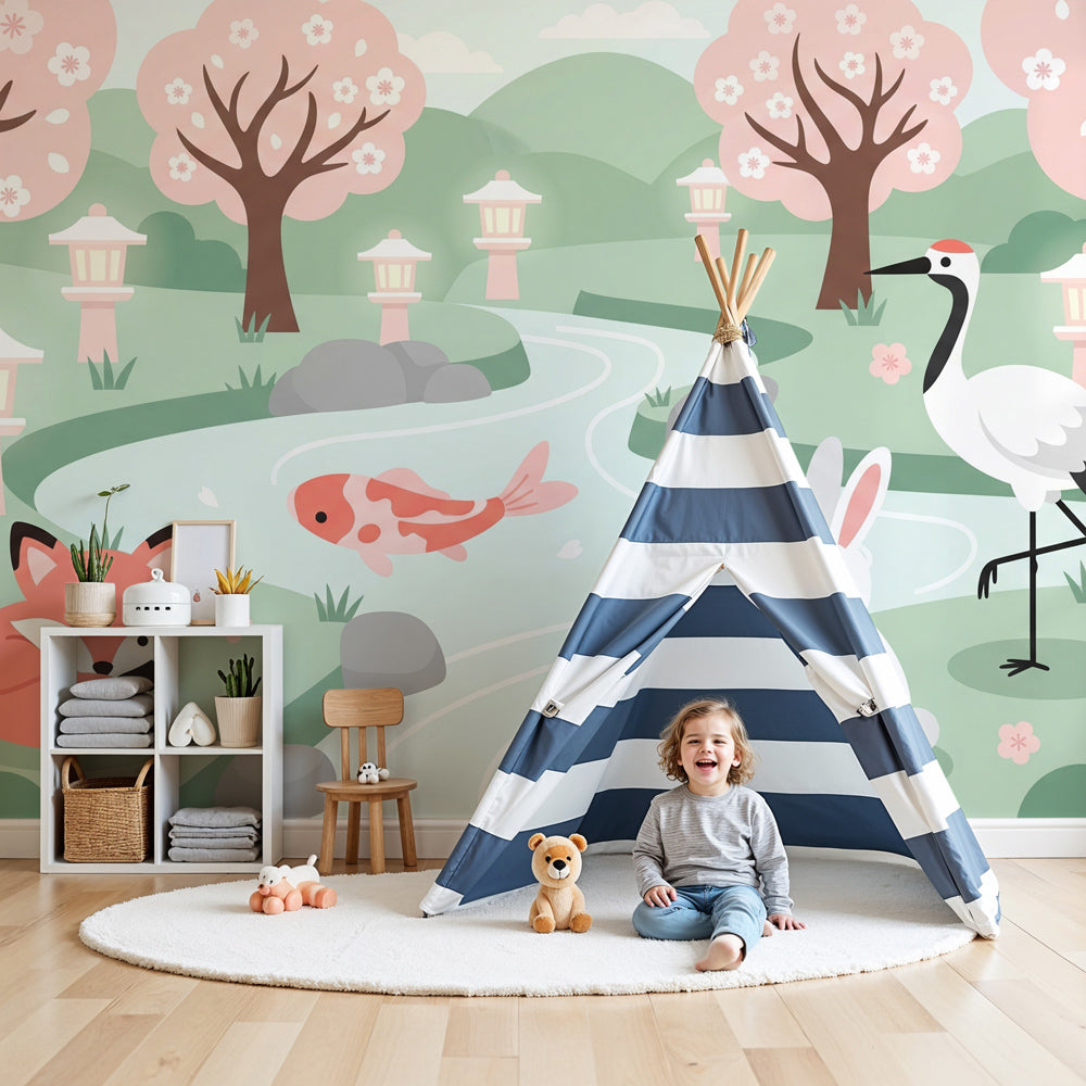 Zen garden animal mural wallpaper in peaceful children's nursery with natural wood furniture by Kids-Mundo
