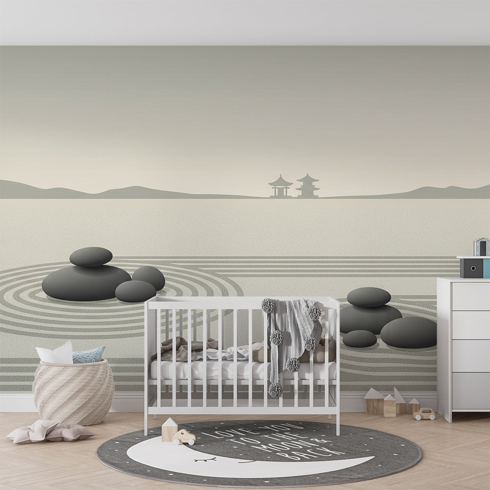 Kids-Mundo zen garden wall mural as a peaceful backdrop in a bright playroom reading nook