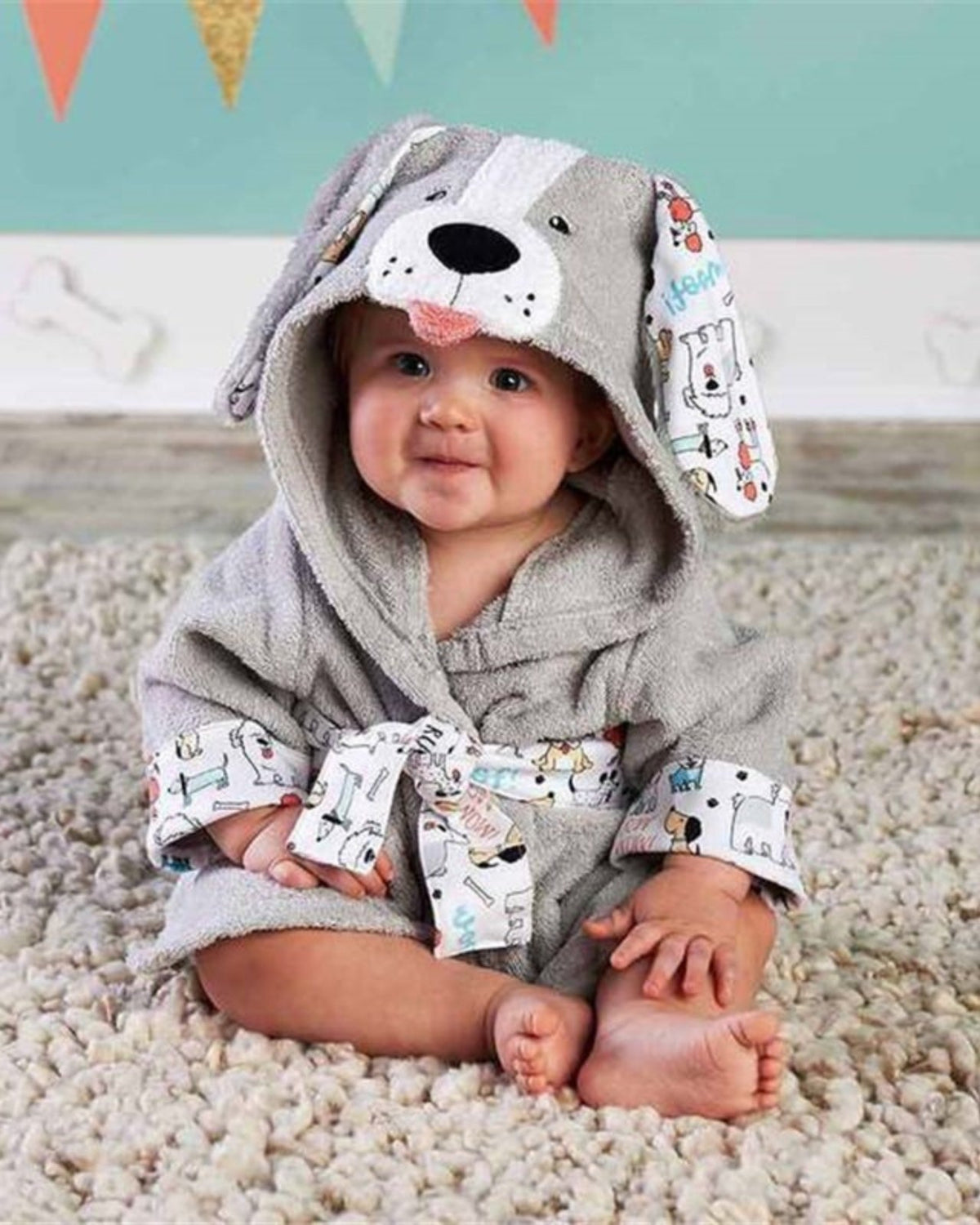Gray Dog Baby Bathrobe | Soft Cotton Hooded Design