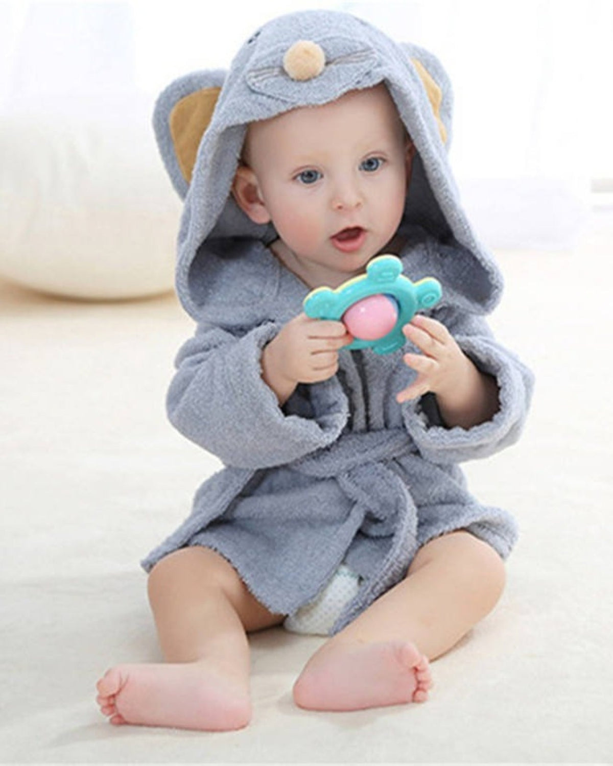 Gray Cotton Baby Bathrobe | Soft Mouse Pattern Design