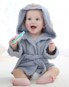 Gray Cotton Baby Bathrobe | Soft Mouse Pattern Design